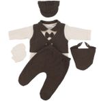 Erkek Bebek Ekru Kahve Papyonlu Şapkalı Kendinden Yelekli Beş Parça Hastane Çıkış Seti