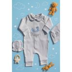 erkek Bebek Isimli Hastane Çıkışı 3'lü Set | Uzay Nakışlı %100 Pamuk Tulum Şapka Eldiven - 0 - 3 Ay - 0-Gri