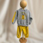 Erkek Bebek Kapüşonlu Eşofman Takımı - Aslan Figürlü, Pamuklu, Cepli Sweatshirt ve Lastikli Paça Eşofman Altı, Sarı-Gri Renk - Sarı - Gri - 12 - 18 Ay