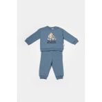Erkek Bebek Pamuklu Mavi Puzzle Desenli Eşofman Takımı - Uzun Kollu Sweatshirt ve Cep Detaylı Pantolon - 6 - 9 Ay