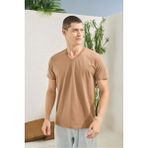 Erkek Bej %100 Pamuk V Yaka T-Shirt - L