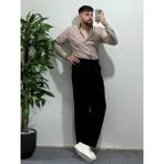 Erkek Bej Çizgili Uzun Kollu Slim Fit Şık Ofis Günlük Klasik Kombin Tarz Gömlek