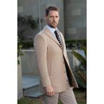 Erkek Bej Yünlü Dynamic Fit Sivri Yaka Kaban - 3XL