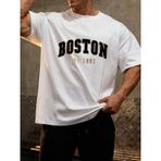 Erkek Beyaz Boston 1997 Baskı Detay Organik Pamuk Örme Oversize Tişört Açık Beyaz