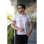 Erkek Beyaz Kahve Yaprak Desenli Slim Fit Polo Yaka Tişört - 2529 - Kahverengi
