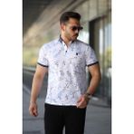 Erkek Beyaz Mavi Yaprak Desenli Slim Fit Polo Yaka Tişört - 2529 - 2XL