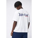 Erkek Beyaz Oversize Tişört %100 Pamuk Yolo Fast Baskılı Streetwear Unisex Basic - XL