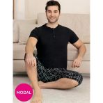 Erkek Bisiklet Yaka 3 Düğmeli Ekose Desen Modal Kısa Kol Cepli Kapri Pijama Takımı