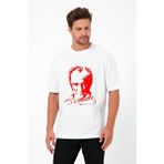 Erkek Bisiklet Yaka Kısa Kollu Atatürk Baskılı %100 Pamuk T-Shirt - Beyaz - Kırmızı