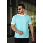 Erkek Bisiklet Yaka Mint Yeşili Krem Şerit Detaylı Nakışlı %100 Pamuk Tişört - 2533 - 2XL
