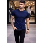 Erkek Bisiklet Yaka Slim Fit Dar Kesim Likralı Tişört - Lacivert