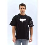 Erkek Bisiklet Yaka Tişort Ön Ve Kol Yarasa Baskılı T-Shirt - Siyah