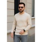 Erkek Bisiklet Yaka Triko Kazak Pamuklu Kalın Fitilli Dokuma Regular Fit - Bej