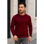 Erkek Bisiklet Yaka Triko Kazak Pamuklu Kalın Fitilli Dokuma Regular Fit - Bordo