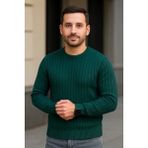 Erkek Bisiklet Yaka Triko Kazak Pamuklu Kalın Fitilli Dokuma Regular Fit - Haki