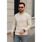 Erkek Bisiklet Yuvarlak Yaka Triko Kazak Pamuklu Kalın Fitilli Dokuma, Regular Fit Uzun Kollu Kışlık Model - Bej - XL