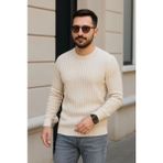 Erkek Bisiklet Yuvarlak Yaka Triko Kazak Pamuklu Kalın Fitilli Dokuma, Regular Fit Uzun Kollu Kışlık Model - Bej