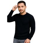 Erkek Bisiklet Yuvarlak Yaka Triko Kazak Pamuklu Kalın Fitilli Dokuma, Regular Fit Uzun Kollu Kışlık Model - Siyah - 2XL