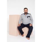 Erkek Büyük Beden 3 Düğme %100 Pamuk Cepli Mevsimlik Pijama Takım 001 gri-lacivert