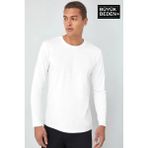 Erkek Büyük Beden Uzun Kollu 2 Iplik Bisiklet Yaka Tişört - White - 5XL