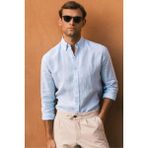 Erkek Buz Mavisi %100 Keten Düğmeli Yaka Modern Fit Cepsiz Gömlek - 2XL