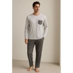 Erkek Cep Baskılı Pijama Takımı Gri