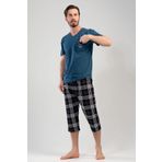 Erkek Cepli Pamuk Büyük Beden V Yaka Kısa Kol Kapri Pijama Takımı (Mint, 2XL)