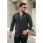 Erkek Çizgi Desenli Uzun Kollu Pamuklu Keten Gömlek - 2XL - Siyah