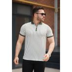 Erkek Çizgili Fermuar Yakalı Kısa Kollu Tişört - Haki - Beyaz - 2XL