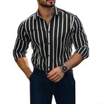 Erkek Çizgili Uzun Kollu Elbise Gömlek Yaka Yaka Esnek Uyum için Polyester Spandex Karışımı (M Siyah beyaz)