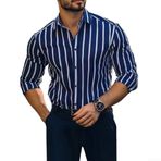 Erkek Çizgili Uzun Kollu Elbise Gömlek Yaka Yaka Esnek Uyum için Polyester Spandex Karışımından Yapılmıştır (XL Mavi)