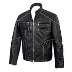 Erkek Classy Wear Tasarımcı Racer Beyaz Şeritli Siyah Hakiki Deri Ceket, siyah, XS