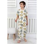 Erkek Çocuk %100 Pamuk Baskılı Pijama Takımı – Kısa Kollu, Sevimli Desenler - Bej