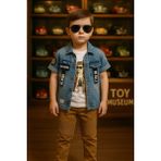 Erkek Çocuk 3'lü Takım – Denim Ceket + Astronot Baskılı Tişört + Hardal Pantolon - 5 - 6 Yaş - Beyaz