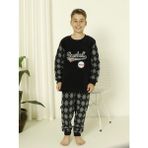 Erkek Çocuk Baklava Desenli Yumuşak Kalın Kışlık Aplike Nakışlı Polar Pijama Takımı - Siyah - 5 Yaş