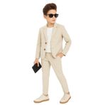 Erkek Çocuk Casual Slim Fit Keten Takım Elbise 3’lü Set Ak2853, KREM, 9 YAŞ