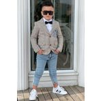Erkek Cocuk Cizgili Blazer Ceket Kot Pantolon Sari Alt Ust Takim