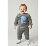 Erkek Çocuk Dinozor Nakışlı 2’li Peluş Polar Pijama Takımı Ev ve Günlük Giyim Seti Eşofman Takımı - Gri - 1 Yaş
