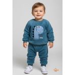 Erkek Çocuk Dinozor Nakışlı 2’li Peluş Polar Pijama Takımı Ev ve Günlük Giyim Seti Eşofman Takımı - Mavi - 1 Yaş