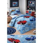 Erkek Çocuk Genç Pike Yatak Örtüsü Takımı Araba Desen Kapitone Pamuklu 4 Mevsim Çarşafsız 160x230 Mavi
