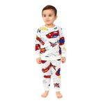 Erkek Çocuk İki İplik Pamuklu Şardonlu Beyaz Renk Araba Desenli Uzun Kollu Pijama Takımı (Beyaz, 5-6 yaş)