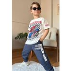 Erkek Çocuk Kare Desen ve Örümcek Adam Detay ve Yazı Baskılı T-Shirt Füme Eşofman Takım