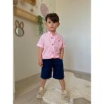 Erkek Çocuk Keten Gömlek ve Şort Takımı - Pembe - Lacivert - 9 – 10 Yaş