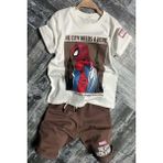 Erkek Çocuk Örümcek Adam Karakter ve Yazı Baskılı T-Shirt Ip Detaylı Kahverengi Şortlu Takım - 3 - 4 Yaş