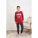 Erkek Çocuk Pamuklu Penye Kumaş Kırmızı-Füme Renk Yazı Detaylı Pijama Takımı - 10 Yaş