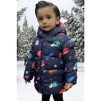 Erkek Çocuk Polarlı Kapüşonlu Gezegen Yıldız Desenli Kışlık Şişme Mont & Kaban & Parka - Lacivert