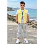 Erkek Çocuk Sırtı Tiger Yazı Baskılı Kolsuz Sarı Kot Ceket ve Baskılı T-shirt Alt Üst Takım
