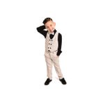 Erkek Çocuk Slim Fit Siyah Gömlekli Smokin Takım Elbise Yelekli Papyonlu Krem Renk - 2 Yaş