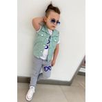 Erkek Cocuk Uzeri Goz Ve Yazi Baskili Tisort Sifir Kol Jean Su Yesili Yelek Alt Ust Takim