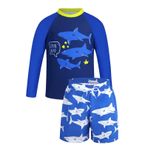 Erkek çocuklar için iki parçalı uzun kollu mayo seti, çizgi film köpekbalığı baskılı, Rashguard ve sörf şortu, UPF 50+ hızlı kurur, plaj, havuz, 3, 7 yaş mayo, erkek çocuk, yaz, Mavi, 3-4 Yaşe